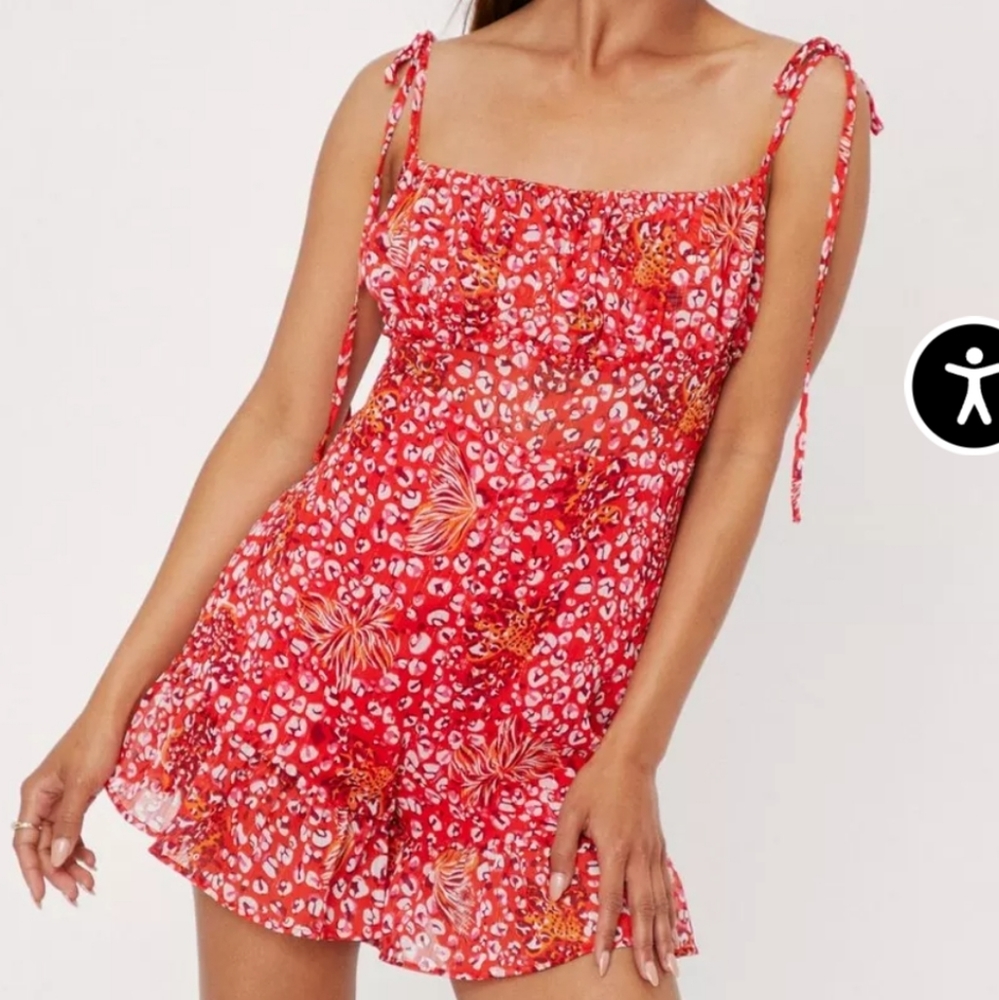 NWT Nasty Gal Petite Animal Print Strappy Frill Romper Tie Straps Floral Ruffle